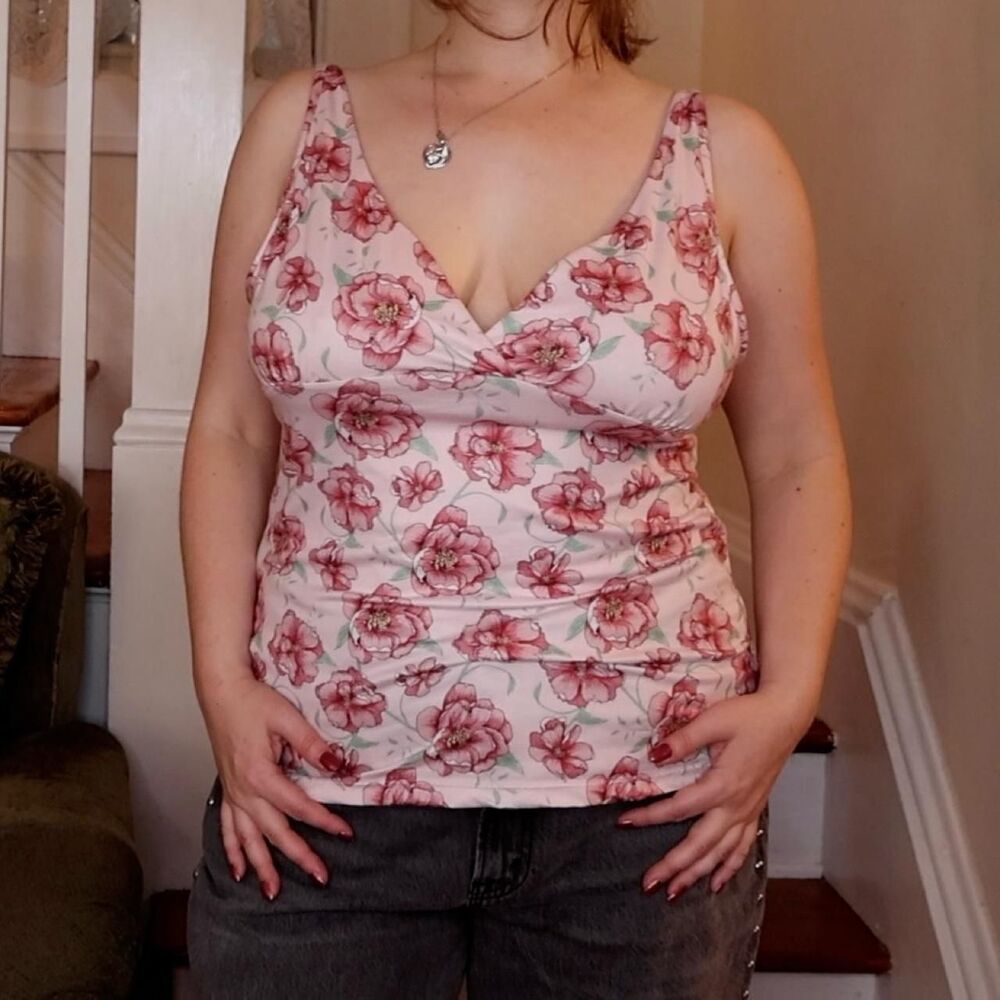 Babydoll Pink Floral Cami Tank Sz Large Catherine Malandrino Coquette Y2K Wrap
